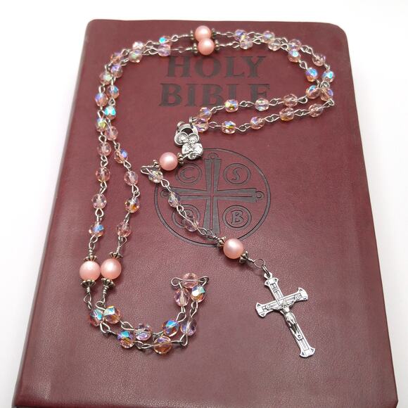 Handmade Pink Five Decade Rosary, Stainless Steel Wire, Vintage Moonglow Beads - Picture 9 of 10